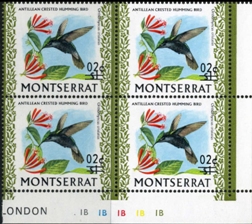 MONTSERRAT 1974. Bird /2c on $1/ Hummingbird colibri Antillean crested ERROR :shift ovpt.4-BLOCK CORNER