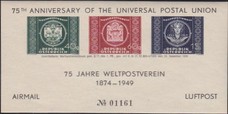 AUSTRIA 1949 UNIVERSAL POSTAL UNION COMBI numbered sheetlet - Click Image to Close