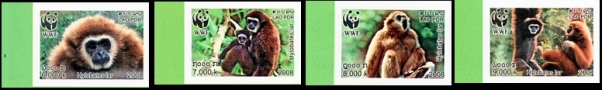 LAOS 2007 WWF. White-handed Gibbon ape.IMPERF.MARG.SET:2.BULK:2x (8stamps)
