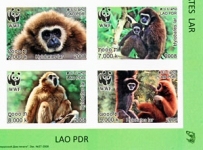 LAOS 2007 WWF. White-handed Gibbon ape.IMPERF.4-BLOCK CORNER