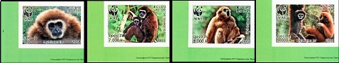 LAOS 2007 WWF. White-handed Gibbon ape.IMPERF.CORNER SET:4