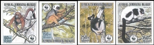 MADAGASCAR 1988 WWF. Primates in peril apes IMPERF:4 stamps BULK:2x=8 stamps