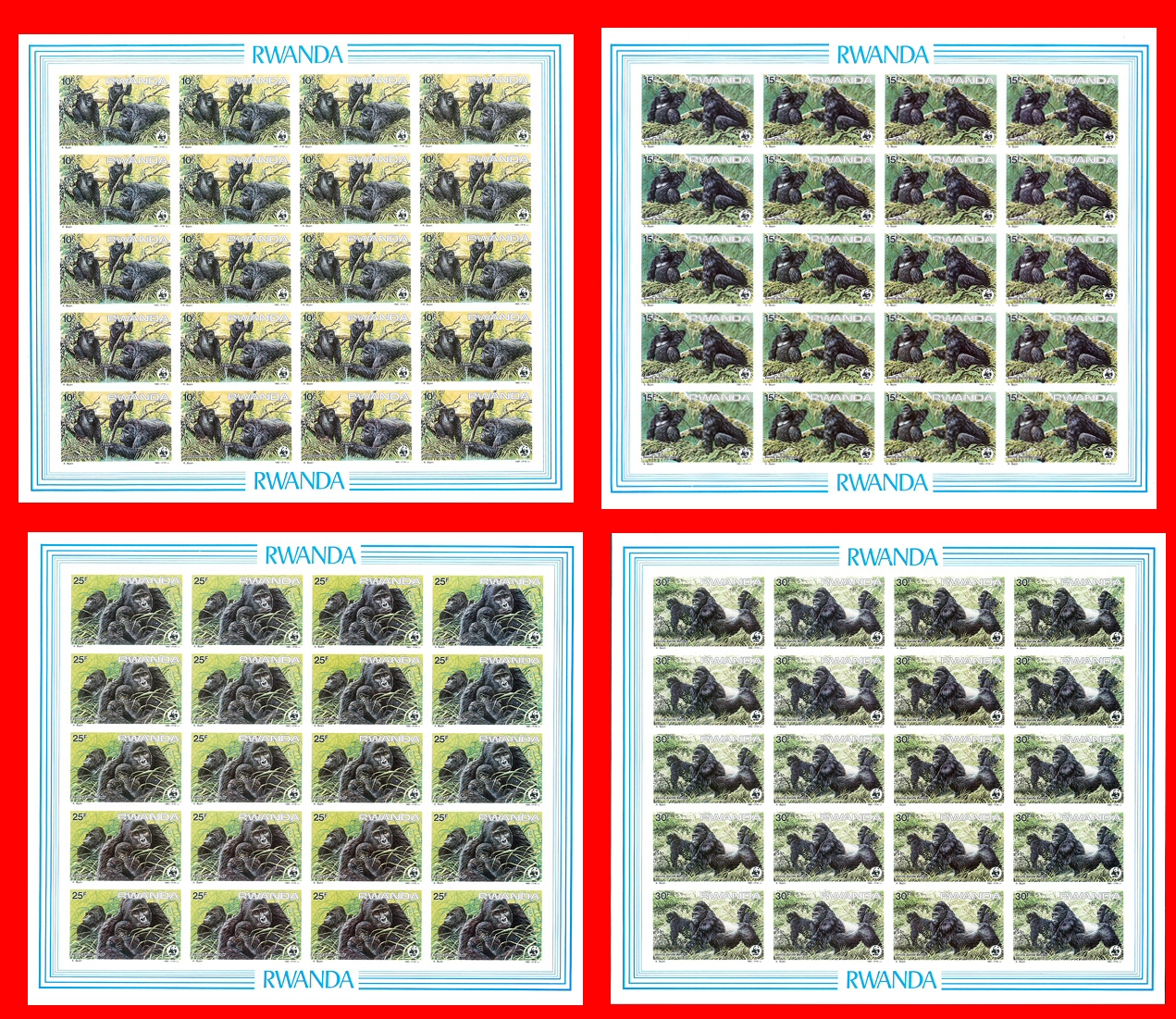 RWANDA 1985 WWF. Mountain Gorilla. Imperf.sheets: 4 x 20 stamps